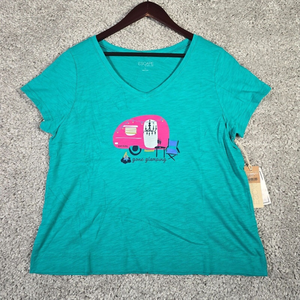 Escape Habitat Gone Glamping Tee Womens Large Peacock Teal Graphic V-Neck NWT